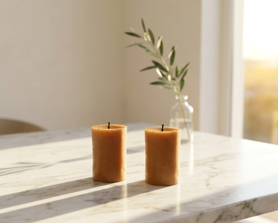 Two amber-colored beeswax candles on a marble surface with a blurred background