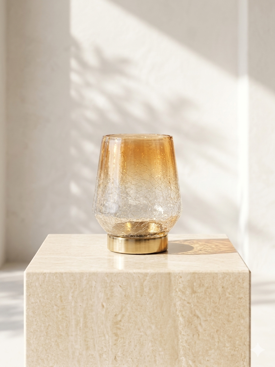 Glass candle holder with gold base on a light stone pedestal against a neutral background