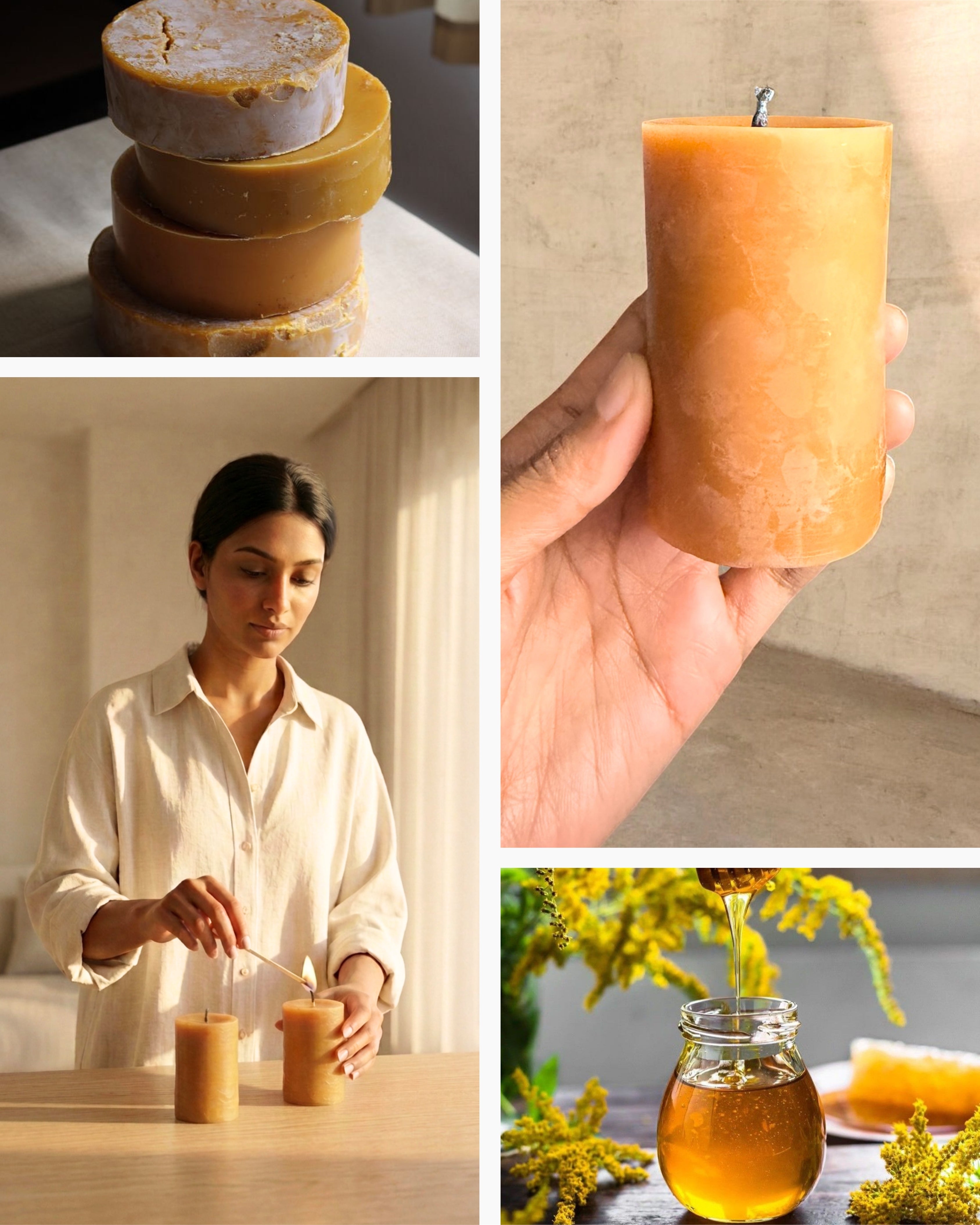A four-panel collage showing natural wax candles: stacked beeswax candles, a hand holding a tall orange candle, a woman stirring two candles on a table, and honey dripping into a glass jar beside a candle.