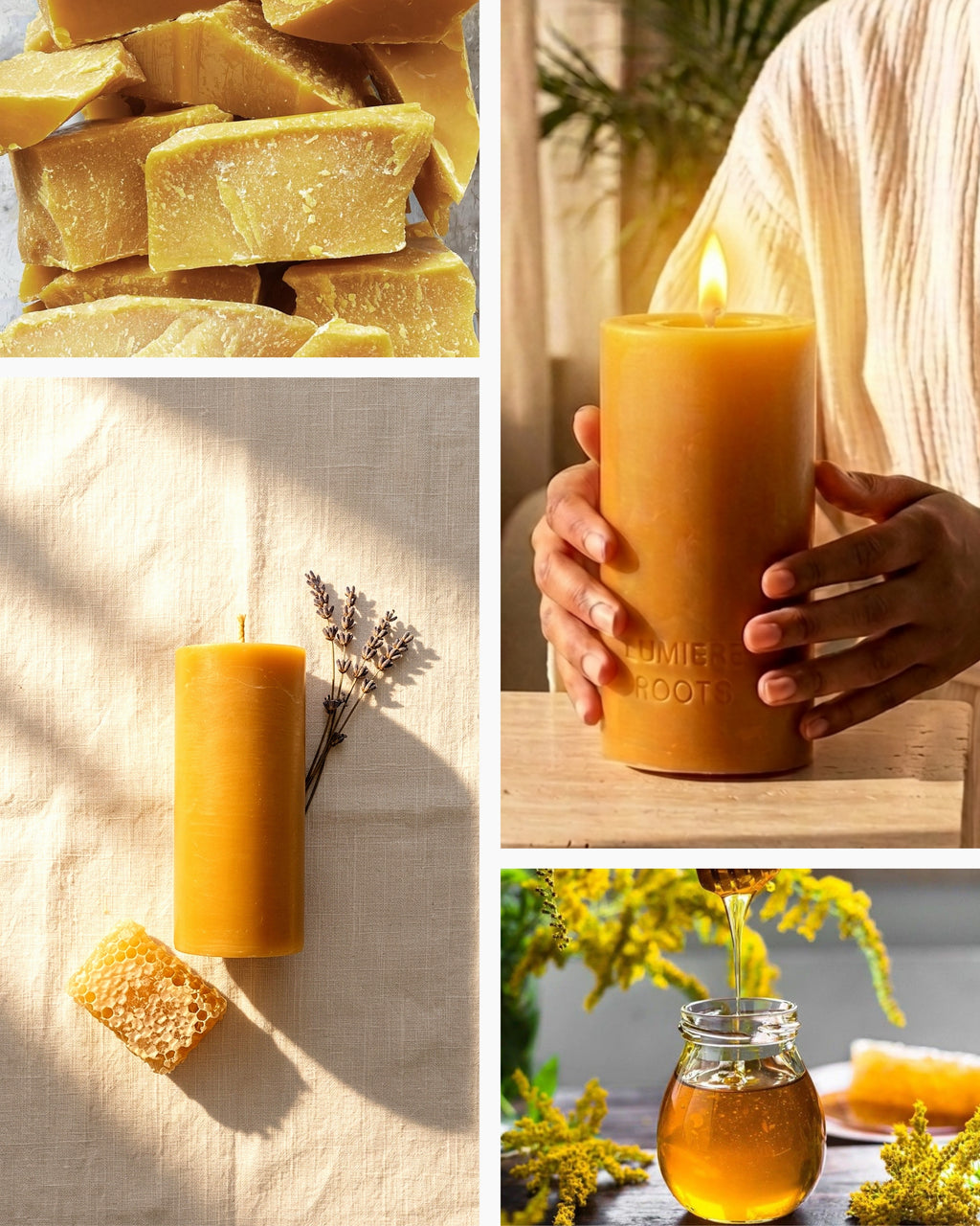 A four-panel collage showcasing honey and beeswax products: stacked honey bars, a lit honey candle held by hands, a honey candle with dried lavender on linen, and honey being poured into a glass jar with flowers around it.