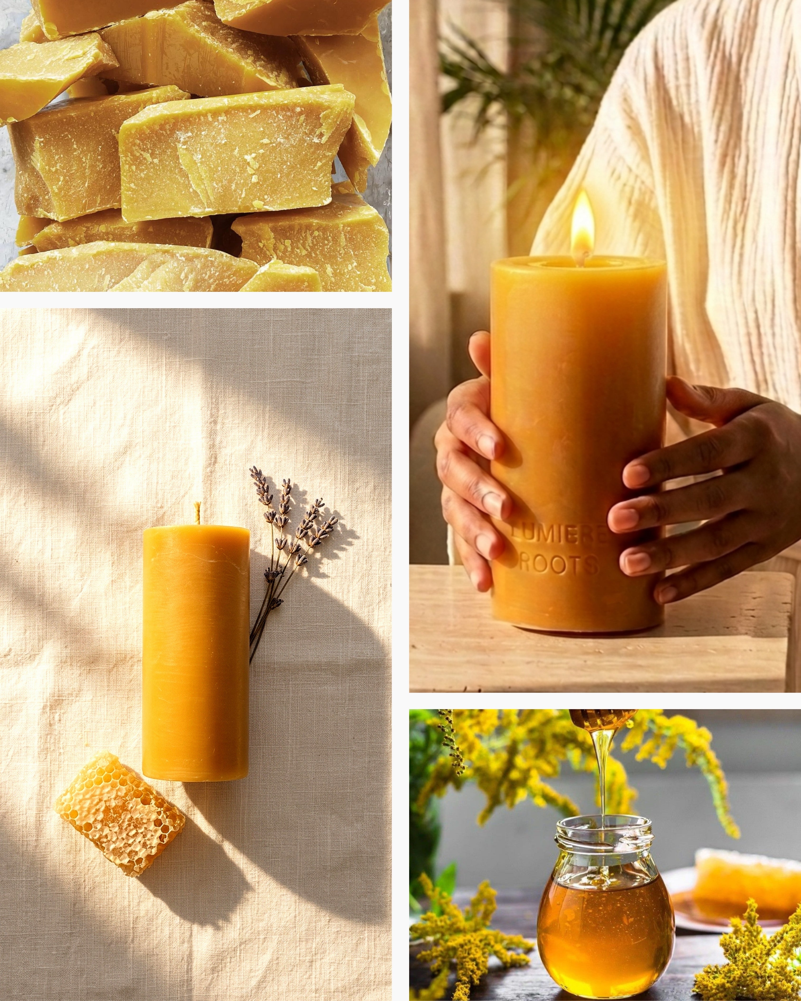 A four-panel collage showcasing honey and beeswax products: stacked honey bars, a lit honey candle held by hands, a honey candle with dried lavender on linen, and honey being poured into a glass jar with flowers around it.