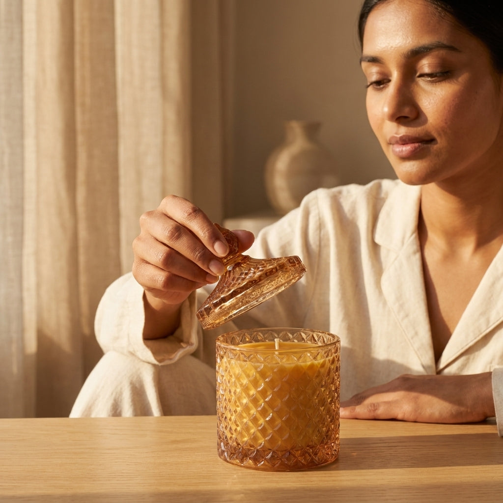 A woman in a cream robe sits at a wooden table, lifting the lid of a textured amber glass candle jar filled with orange wax. The scene is warmly lit by natural light from a window, with beige curtains and a neutral vase in the background.
