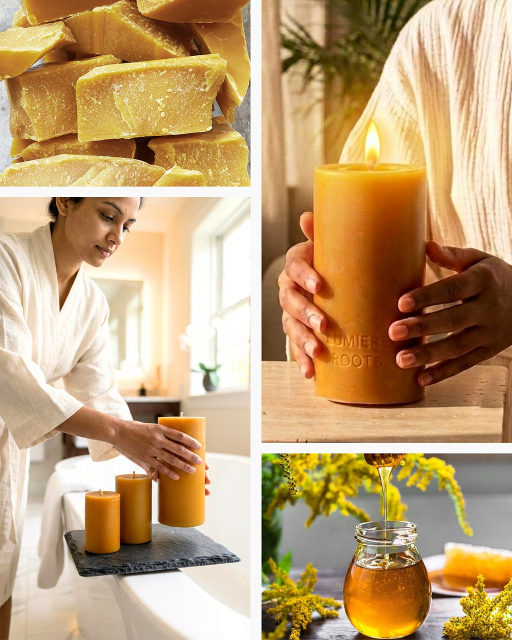 A four-panel collage showcasing natural honey-colored beeswax products: stacked rectangular wax bars, a woman in a white robe pouring wax into taper candles on a bathroom tray, a close-up of hands holding a lit cylindrical candle, and honey being poured into a glass jar with wax visible.