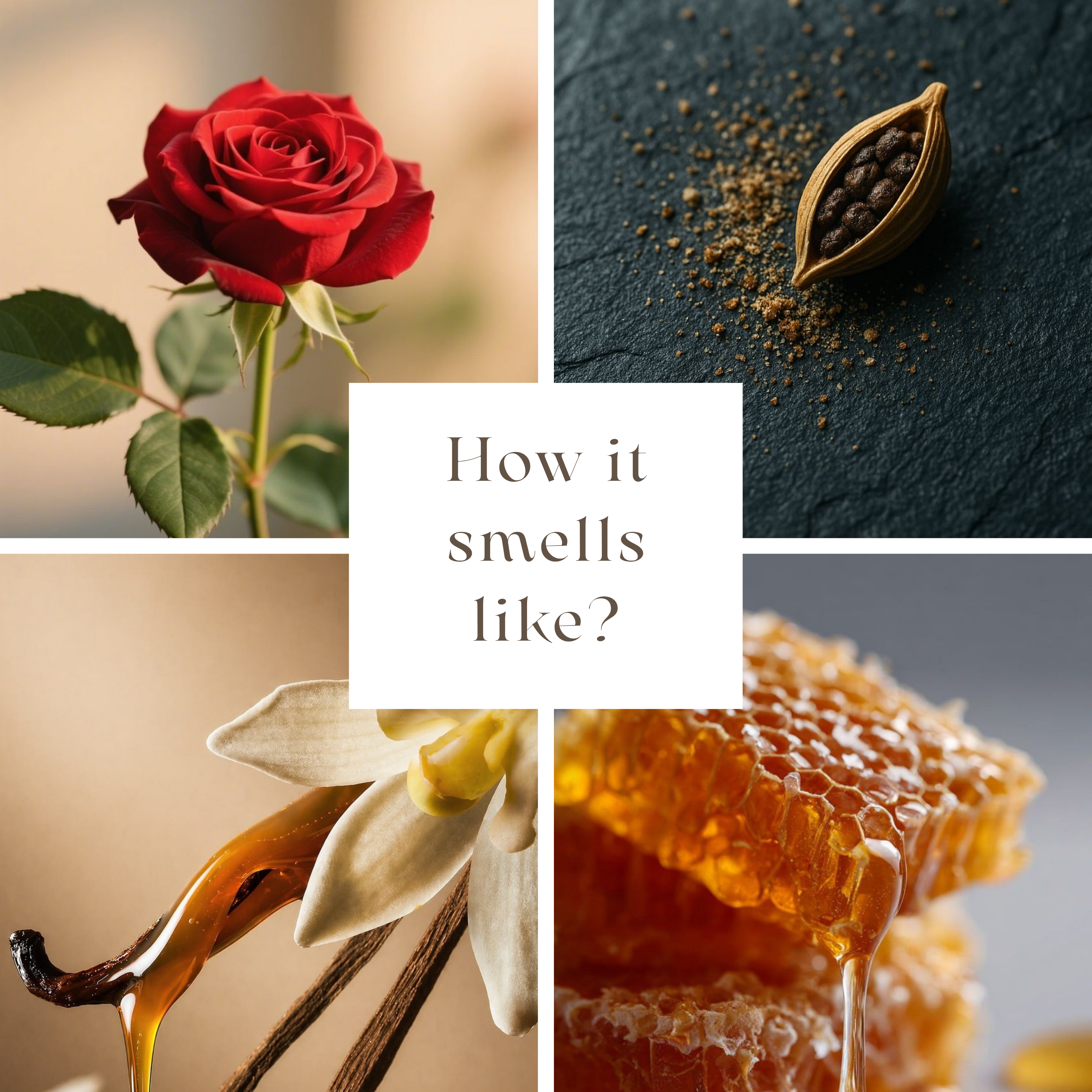 A four-panel fragrance concept collage with a central white text box reading 'How it smells like?'. The top-left panel shows a red rose; the top-right shows dark brown seeds or spices in a pod on a dark surface; the bottom-left shows amber liquid dripping over vanilla flowers and cinnamon sticks; the bottom-right shows honeycomb dripping honey.