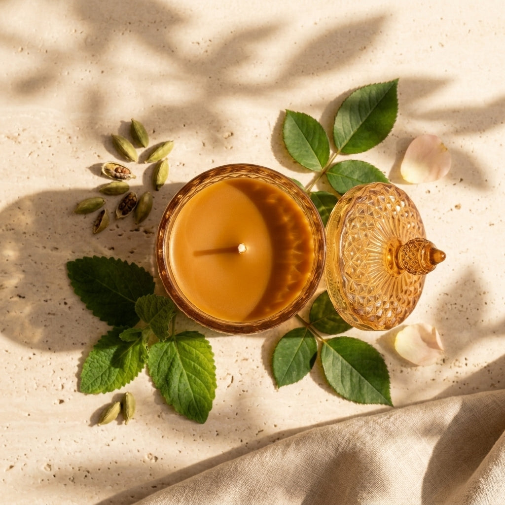 An amber glass candle with a matching decorative lid, styled on a textured beige surface with green leaves, cardamom pods, and rose petals under dappled sunlight.