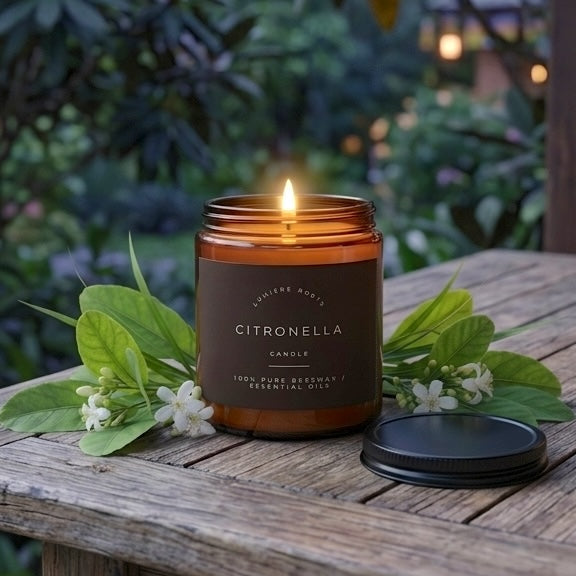 Citronella beeswax candle on a wooden table with a garden background