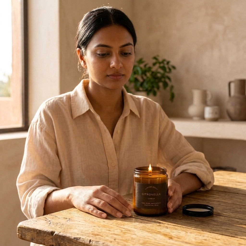 A woman in a beige linen shirt sits at a rustic wooden table, holding a lit amber glass jar candle. The candle label reads 'CITRONELLA'.