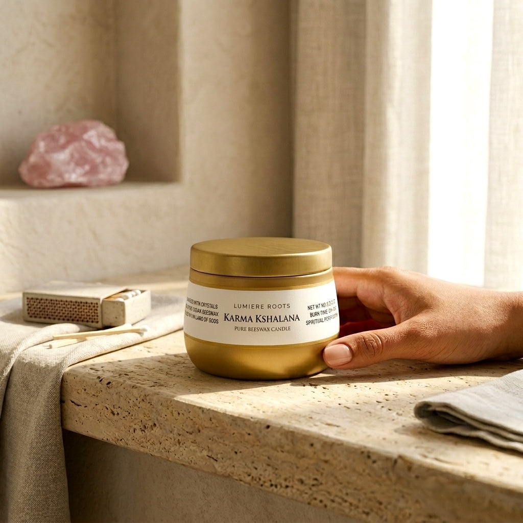 Hand holding a jar of Karma Kshalana beeswax candle on a stone surface with a neutral background