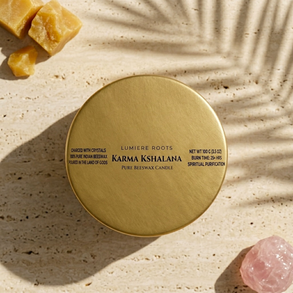 Gold container of Lumiere Roots Karma Kshalana candle on a textured beige surface with crystals and a pink stone.