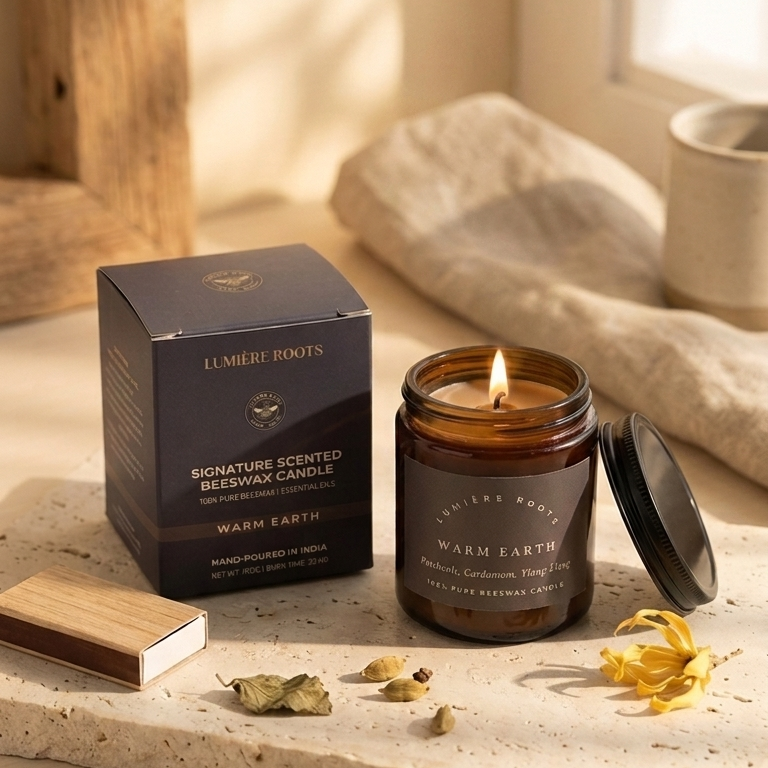 A lit amber glass jar candle sits beside its dark box on a stone slab in a warm, sunlit room. The box reads 'LE SILENT ROOSTER' and 'SIGNATURE SCENTED WOODVAX CANDLE', and the jar label appears to say 'WARM EARTH'.